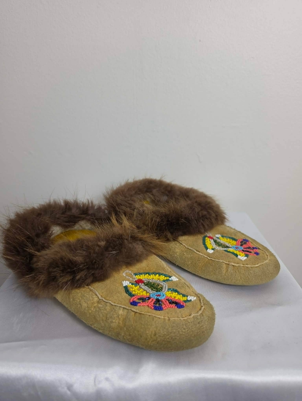 Real Fur-Trim Beaded Moccassin Tan Slippers